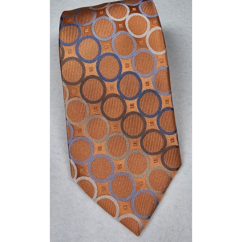 Joseph Abboud Necktie Orange‎ Gold Colored Circles 100% Silk Men's Classic